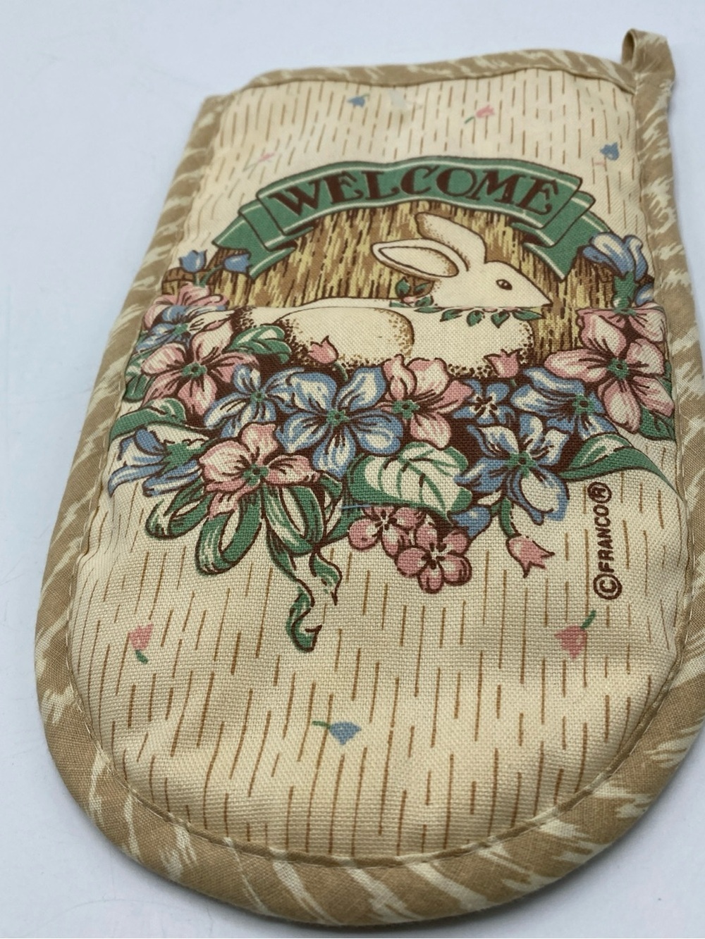 Vintage Franco Country Cottage Bunny Oven Mitt Floral Botanical Welcome